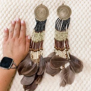 Large feather and beaded earrings | BEBE | pearl